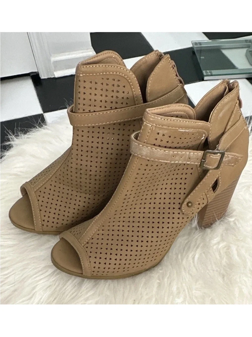 TOP Moda Tan Perforated Peep-Toe Wedge Booties